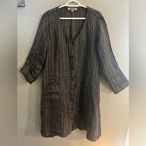 New FLAX Black & Gray Stripe 100% Linen Dress Long Sleeve Full-Button Front